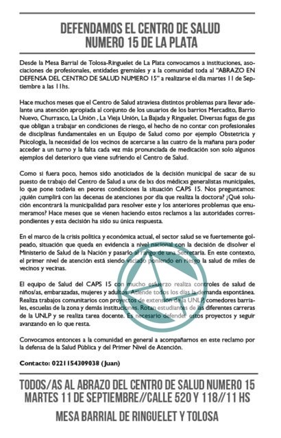 Abrazo al Centro de Salud 15 de La Plata Abrazo al Centro de Salud 15 de La Plata