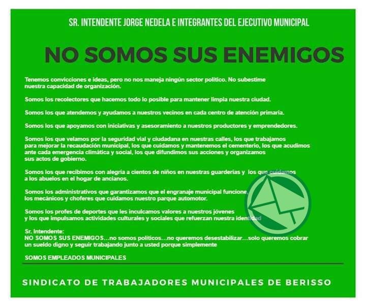 Mensaje de los trabajadores al intendente de Berisso Jorge Nedela e integrantes del Ejecutivo Municipal