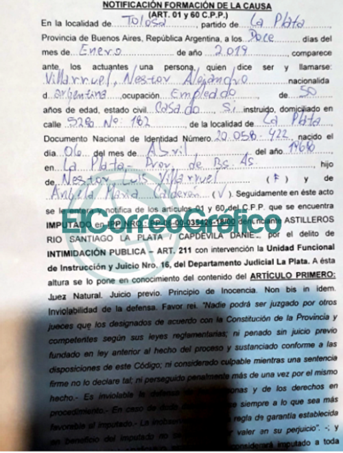 Fiscal imputó a un trabajador de Astilleros Río Santiago por un discurso en una asamblea Notificación de causa ARS contra Alejandro Villarruel 1