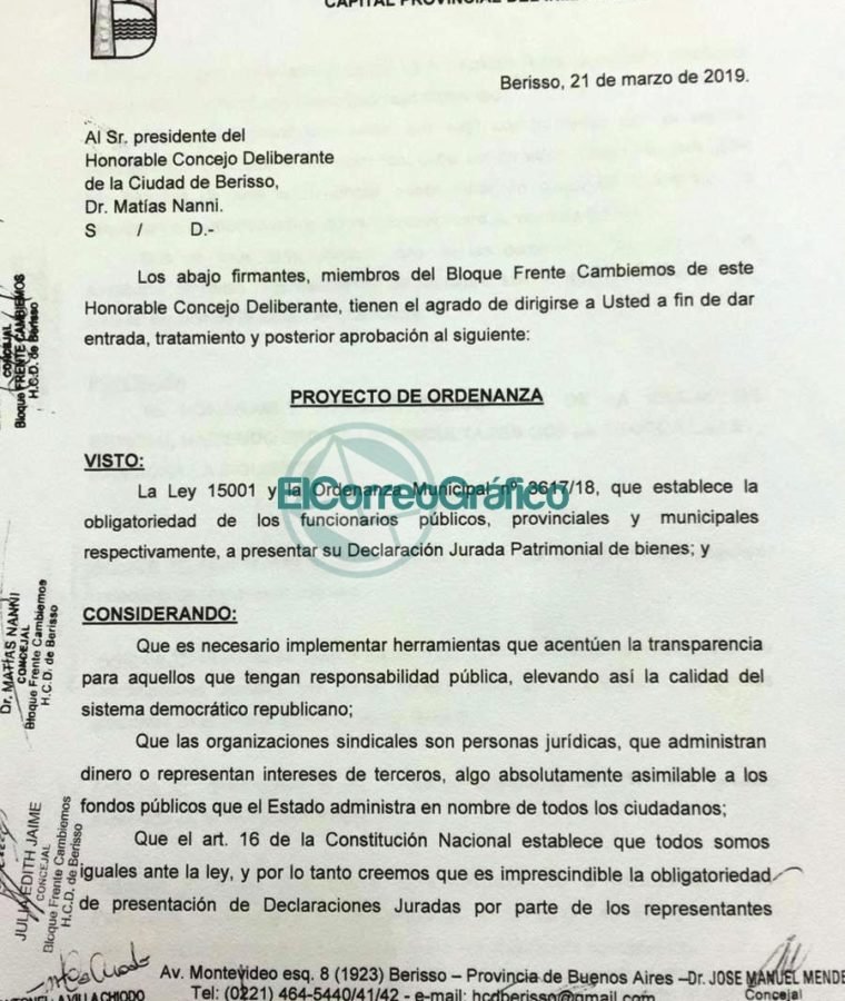 Troyecto de Ordenanza DDJJ Sindicalistas Municipales de Berisso Cambiemos 01