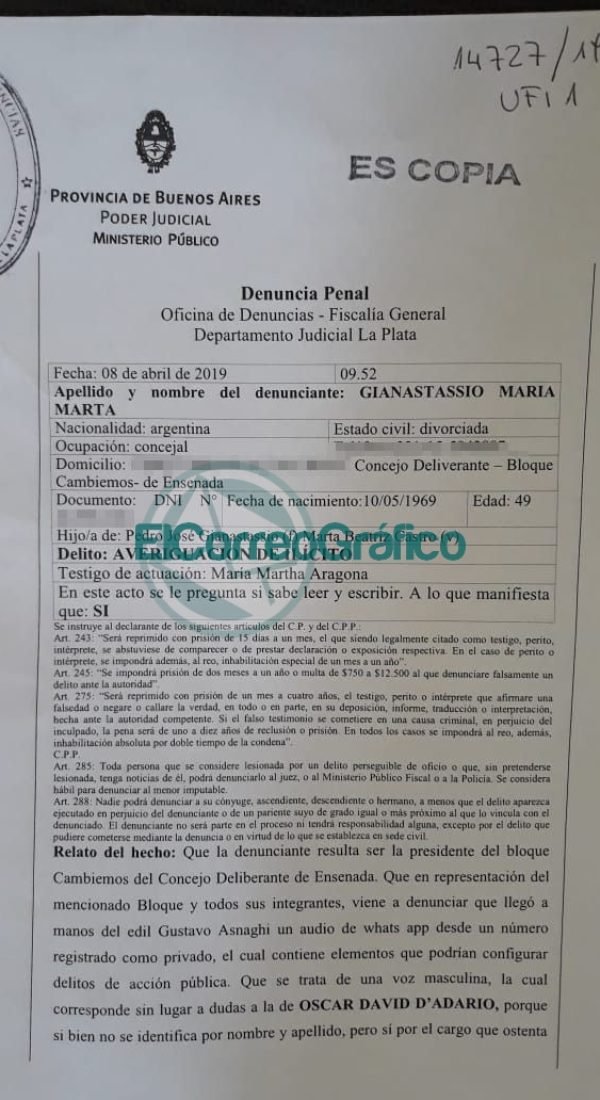 Denunciaron penalmente a Secco por averiguación de ilícito tras la difusión de los audios de D'Addario Denuncia penal Gianastassio cambiemos Ensenada contra Secco y Schneider1