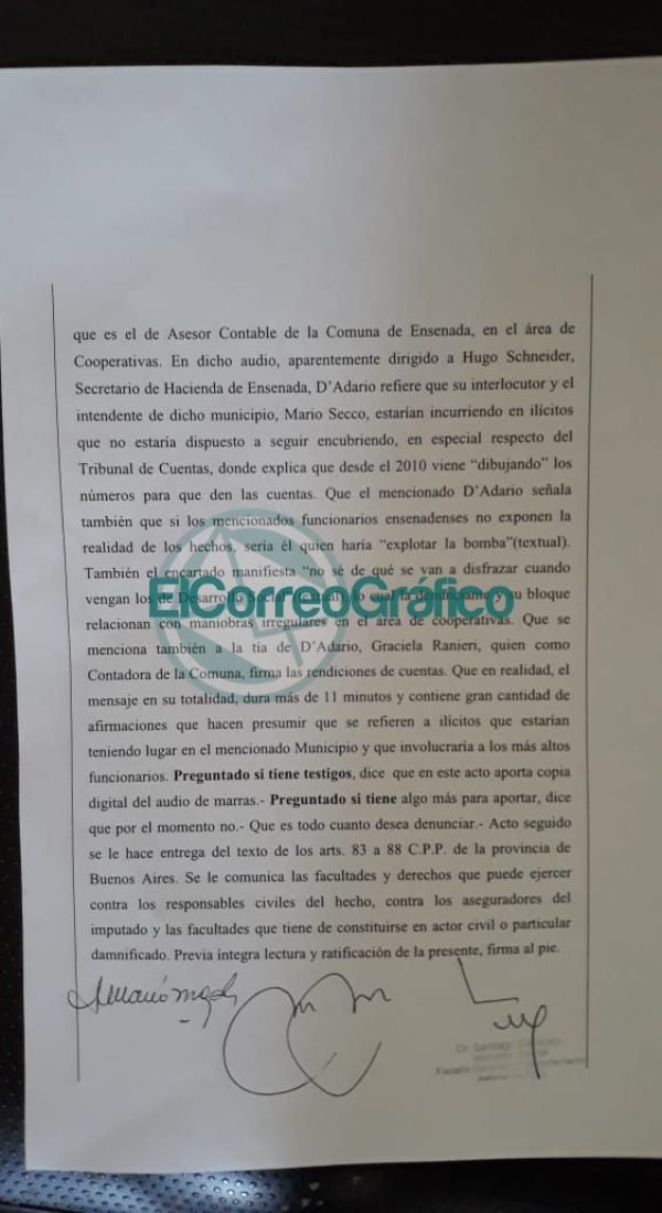 Denunciaron penalmente a Secco por averiguación de ilícito tras la difusión de los audios de D'Addario Denuncia penal Gianastassio cambiemos Ensenada contra Secco y Schneider2