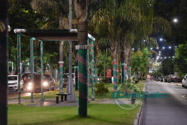 Árboles navideños, adornos y luces decorativas en la ciudad de La Plata