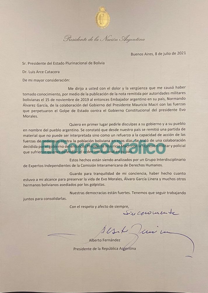 Carta de disculpas de Alberto Fernandez