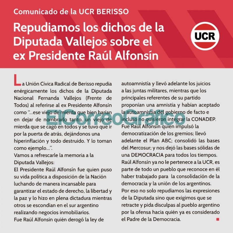 La UCR de Berisso repudia los dichos de la Diputada Vallejos sobre el ex Presidente Raúl Alfonsín Repudio UCR Berisso a Fernanda Vallejos