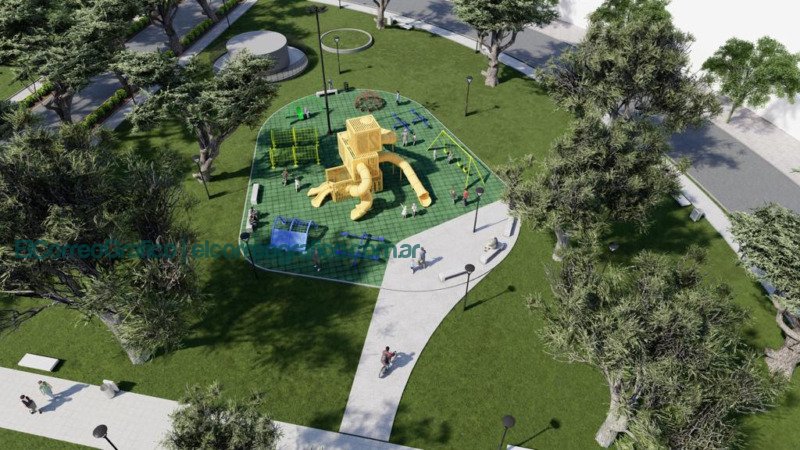 Puesta en valor integral de la Plaza Belgrano de City Bell 2 La obra en Plaza Belgrano incluye un nuevo patio de juegos (Imagen: render)