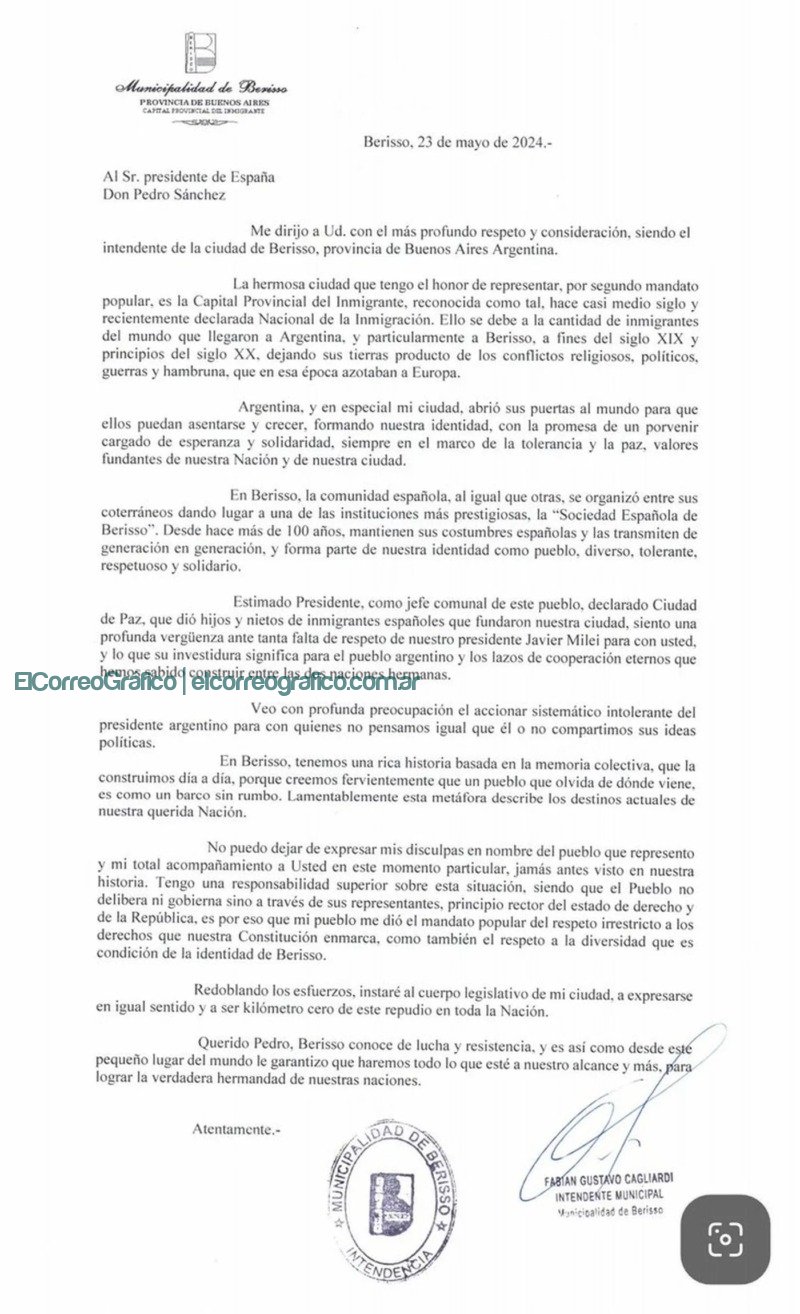 Insólita carta de disculpas de Fabián Cagliardi a Pedro Sánchez a los agravios de Javier Milei Insólita carta de disculpas de Fabián Cagliardi a España a los agravios de Milei 1