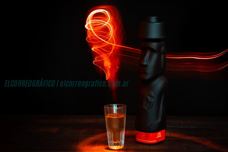 un vaso de pisco junto a una botella de líquido. La tradición del Pisco Chileno: Un destilado emblemático