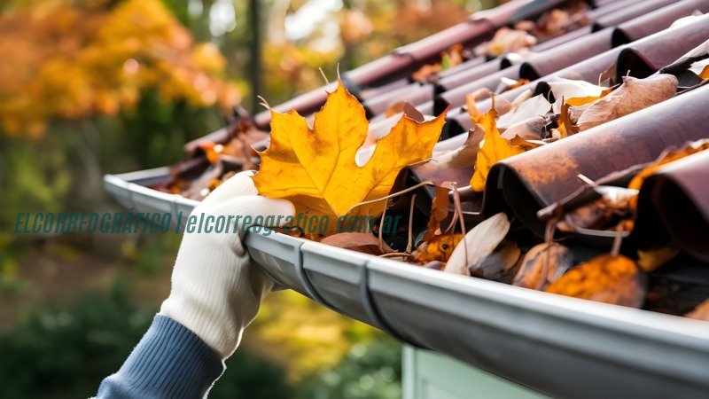 Consejos para el mantenimiento de canaletas en el Área Metropolitana de Buenos Aires A skilled worker diligently cleaning the roof gutter, filled with a cascade of golden autumn leaves. Consejos para el mantenimiento de canaletas en el Área Metropolitana de Buenos Aires
