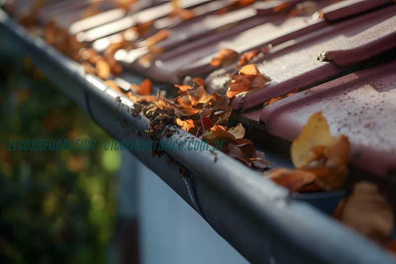 Consejos para el mantenimiento de canaletas en el Área Metropolitana de Buenos Aires Cleaning the gutter from autumn leaves before winter season. Roof gutter cleaning process. Consejos para el mantenimiento de canaletas en el Área Metropolitana de Buenos Aires