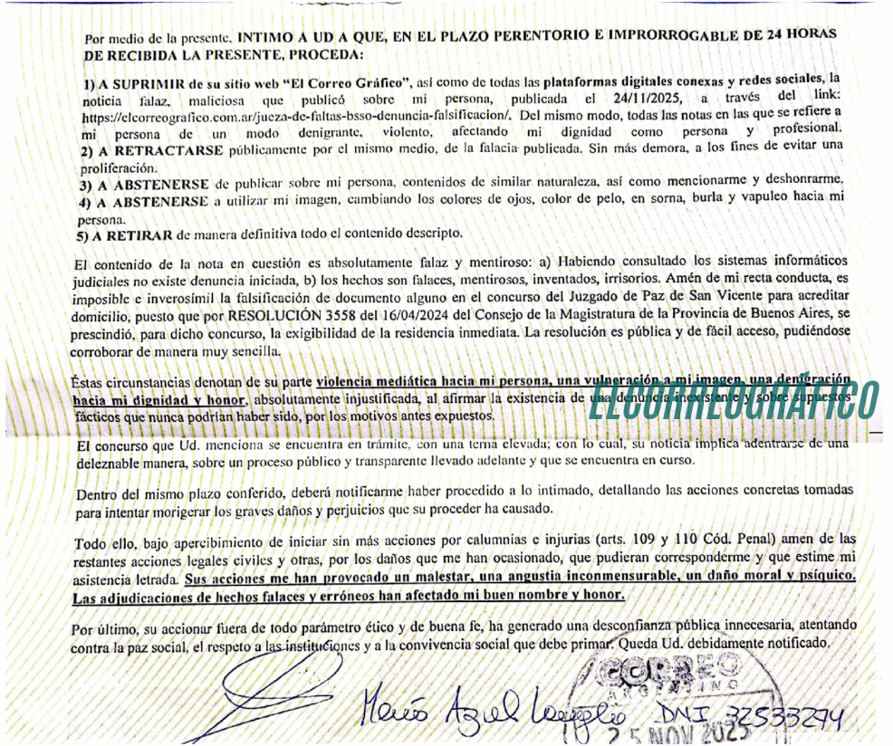 Jueza de Faltas de Berisso intenta censurar a ELCORREOGRÁFICO porque publicó una supuesta denuncia en su contra CARTA DOCUMENTO DE DRA. MARÍA AZUL LAMOGLIE A EL CORRERO GRÁFICO Jueza de Faltas de Berisso intenta censurar a ELCORREOGRÁFICO porque publicó una supuesta denuncia en su contra