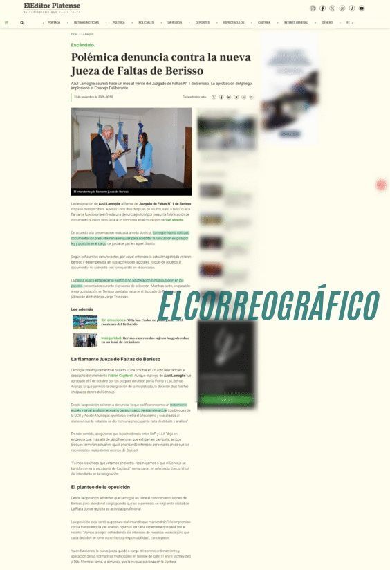 eleditorplatense.com Jueza de Faltas de Berisso intenta censurar a ELCORREOGRÁFICO porque publicó una supuesta denuncia en su contra