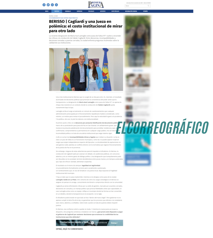 primerapagina.info Jueza de Faltas de Berisso intenta censurar a ELCORREOGRÁFICO porque publicó una supuesta denuncia en su contra