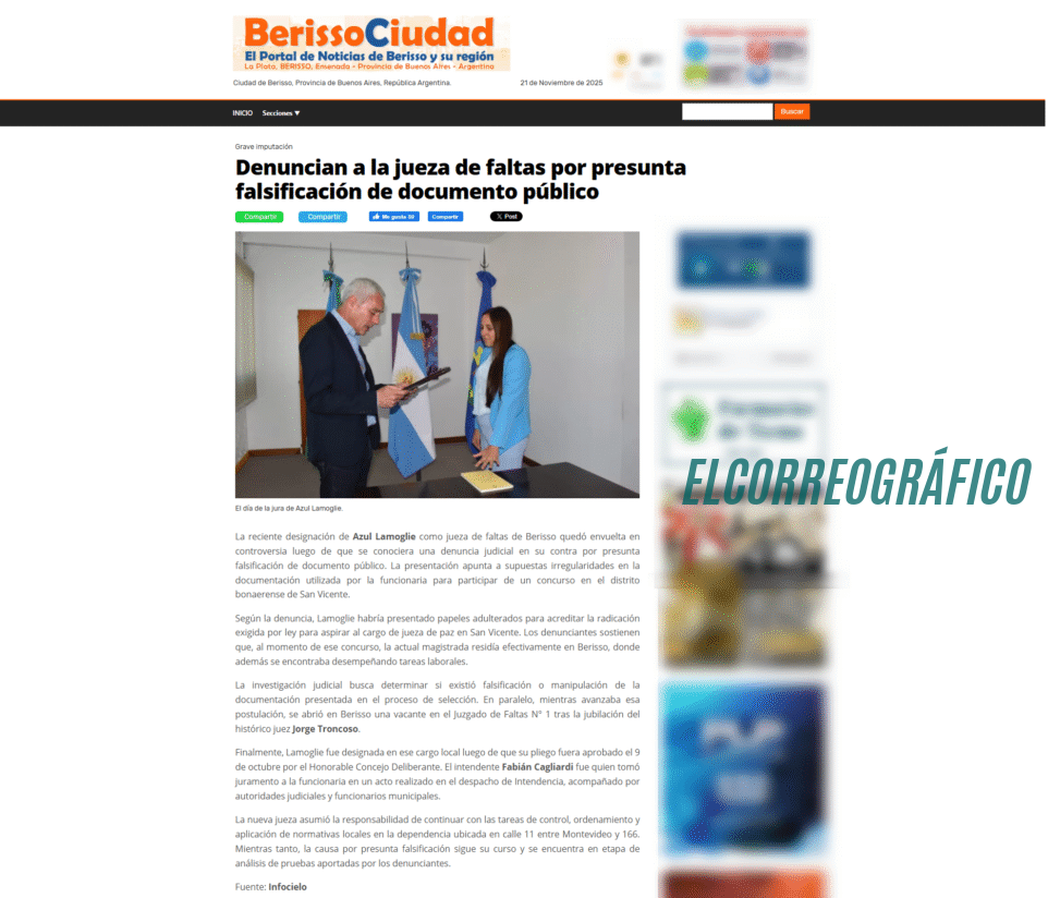 _www.berissociudad.com.ar Jueza de Faltas de Berisso intenta censurar a ELCORREOGRÁFICO porque publicó una supuesta denuncia en su contra