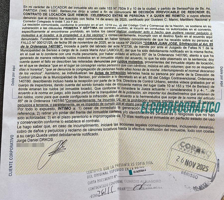 Carta Documento desalojo Desalojo por contrato, el verdadero motivo detrás del conflicto de la iglesia Auditorio Altar de Osman