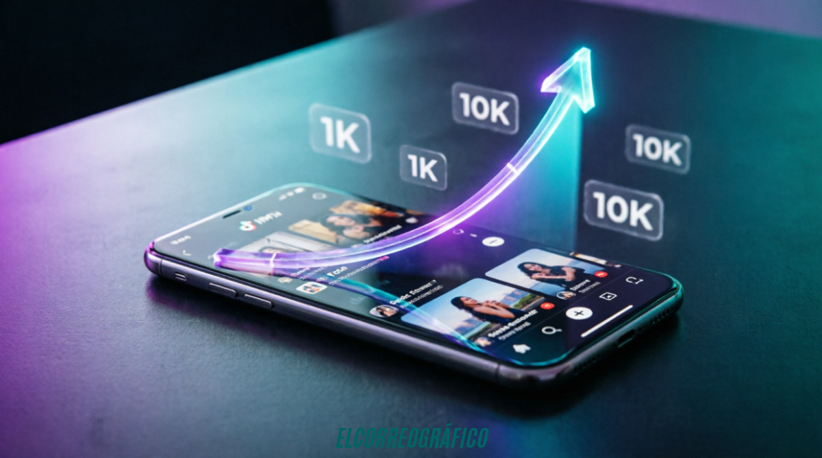Cuántos seguidores necesitás en TikTok para que el algoritmo empiece a trabajar a tu favor 1 La imagen un smartphone moderno con la interfaz de TikTok y una gráfica de crecimiento que visualiza el salto de métricas (1K a 10K), ideal para captar la atención inicial con un estilo editorial tecnológico y limpio.