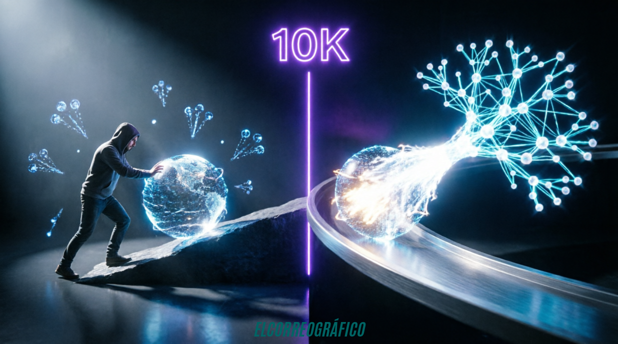 Cuántos seguidores necesitás en TikTok para que el algoritmo empiece a trabajar a tu favor 2La imagen Representa visualmente la metáfora central de tu texto. A la izquierda se ve el esfuerzo inicial de empujar el crecimiento en el tramo de 0 a 1K seguidores, mientras que al cruzar el umbral de los "10K", la esfera de datos toma impulso propio y se transforma en una red orgánica y autosostenida, ilustrando cómo el algoritmo empieza a trabajar a tu favor.