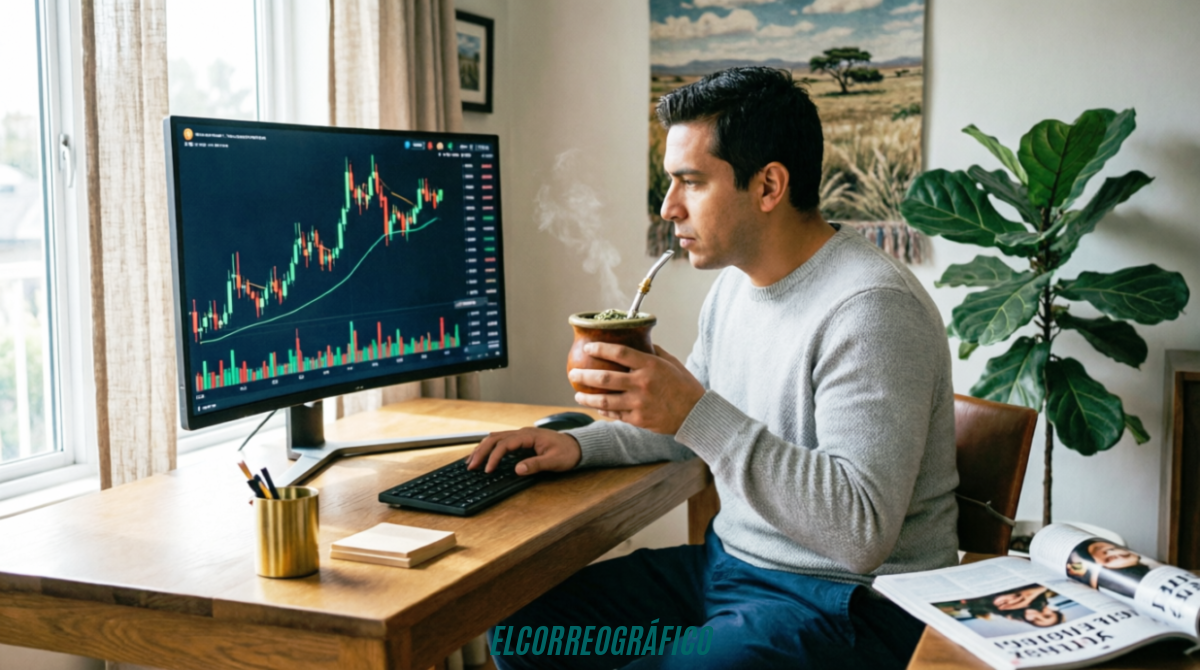 Qué es el trading de criptomonedas: la guía esencial 2026 para empezar a invertir con confianza hoy Persona analizando gráficos de trading de criptomonedas en una computadora con iluminación natural, mostrando Bitcoin y Ethereum en una interfaz profesional de exchange, mate sobre escritorio de madera en ambiente hogareño argentino Qué es el trading de criptomonedas, la guía esencial 2026 para empezar a invertir con confianza hoy 1