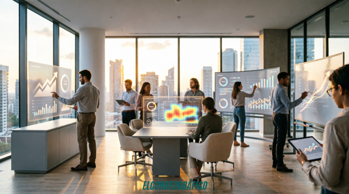 Transformación digital y talento, claves para entender el nuevo entorno profesional Equipo profesional analizando métricas y visualizaciones de datos en una oficina moderna con vistas a la ciudad, representando la integración entre tecnología y talento humano en la transformación digital. Transformación digital y talento, claves para entender el nuevo entorno profesional 1