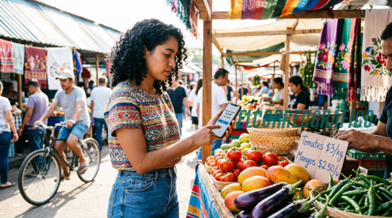 Imagen de portada principal: Una mujer joven usando su teléfono móvil para realizar un pago en un mercado local vibrante de América Latina, capturando la intersección entre pagos móviles modernos y comercio local tradicional con productos frescos y textiles tradicionales visibles. Cómo los métodos de pago locales y el acceso móvil transforman el comportamiento del usuario 1
