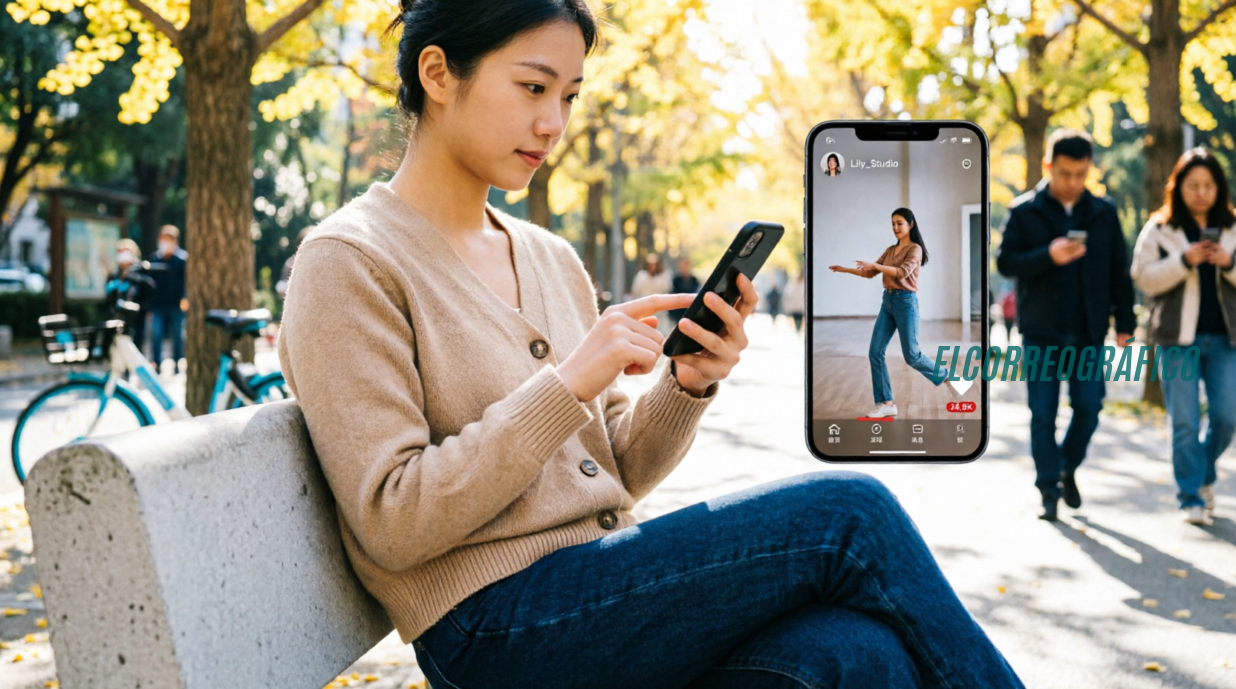 Imagen 3 (Secundaria):
Persona viendo contenido de video corto en un dispositivo móvil mientras está sentada en un banco de parque, mostrando la integración del consumo de contenido mobile-first en la vida diaria, con interfaces de desplazamiento rápido y contenido fragmentado visible en la pantalla.El auge del comportamiento móvil y la atención acortada en la era digital 1