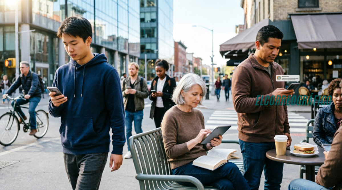 El auge del comportamiento móvil y la atención acortada en la era digital Imagen 1 (Portada principal): Personas diversas en un entorno urbano utilizando smartphones en sus actividades cotidianas, caminando por calles, sentadas en bancos y en cafés, reflejando la omnipresencia de los dispositivos móviles en la vida moderna con iluminación natural y estilo fotográfico editorial auténtico. El auge del comportamiento móvil y la atención acortada en la era digital 2