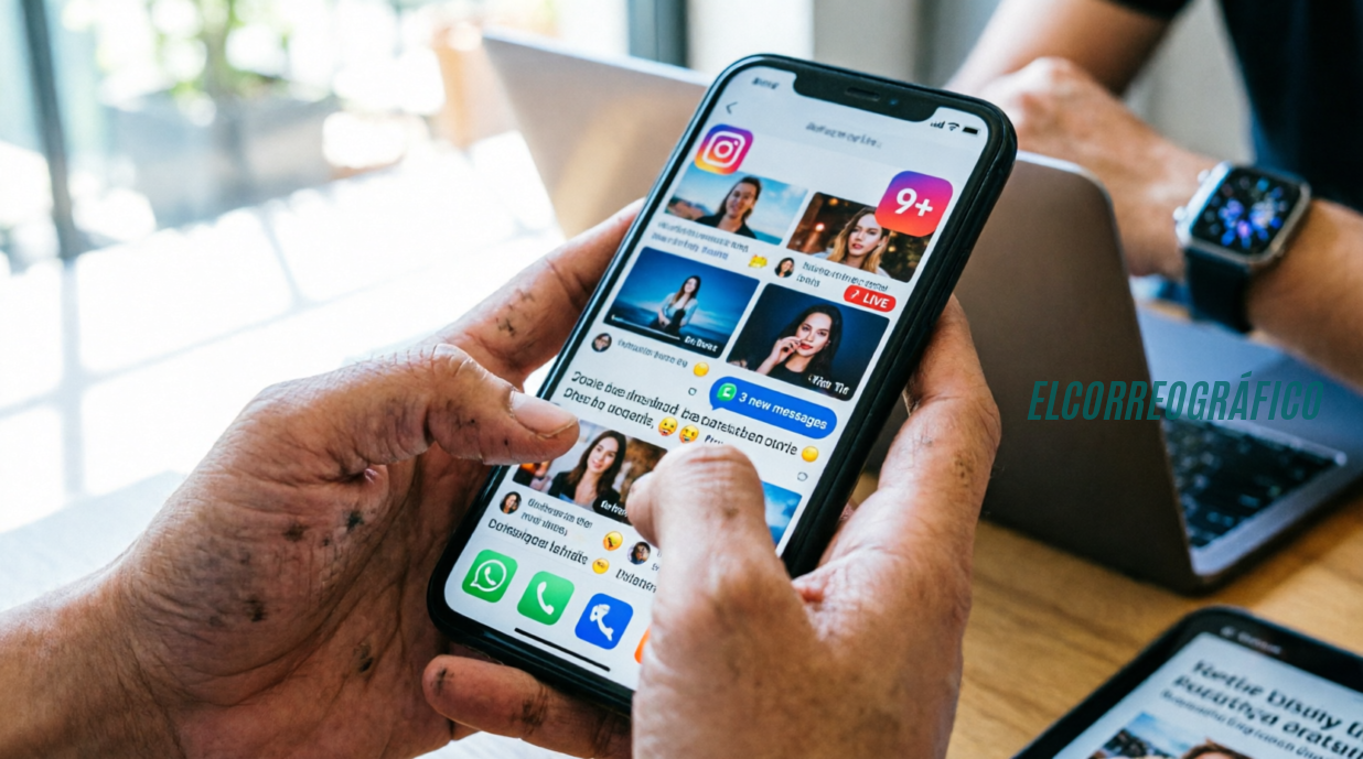 Imagen 2 (Secundaria):
Primer plano de manos sosteniendo un smartphone con múltiples notificaciones y feeds de redes sociales visibles en la pantalla, representando la sobrecarga de información y el consumo rápido de contenido digital, con dispositivos adicionales desenfocados en el fondo que sugieren conectividad constante.El auge del comportamiento móvil y la atención acortada en la era digital 3