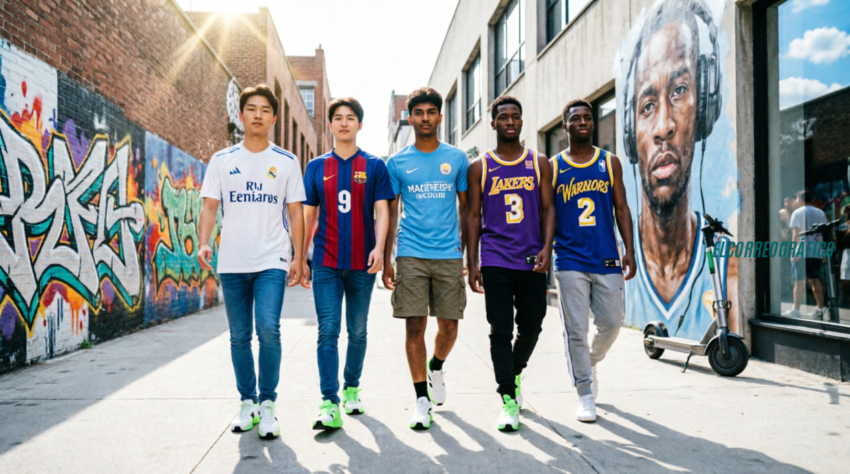 Jóvenes diversos caminando por una calle urbana con graffiti vistiendo camisetas de fútbol de élite del Real Madrid, Barcelona y Manchester City junto a camisetas NBA de Lakers y Warriors, representando la fusión del deporte y la moda streetwear global Por qué una camiseta futbol de élite y las camisetas nba baratas se han convertido en los mayores iconos de la moda urbana global 1
