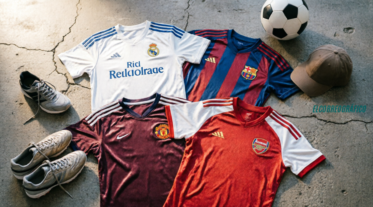 Camisetas de fútbol premium del Real Madrid, FC Barcelona, Manchester United y Arsenal dispuestas sobre concreto urbano con balones, zapatillas deportivas y accesorios streetwear, mostrando los tejidos de alta calidad y escudos bordados de los grandes clubes europeos Por qué una camiseta futbol de élite y las camisetas nba baratas se han convertido en los mayores iconos de la moda urbana global 2