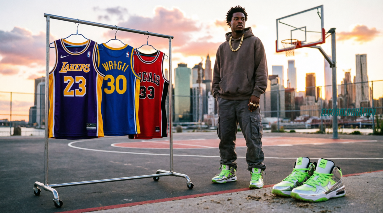 Camisetas NBA de LeBron James Lakers número 23, Stephen Curry Warriors número 30 y Chicago Bulls en una cancha de baloncesto al atardecer con skyline urbano, acompañadas de ropa streetwear, cadenas doradas y zapatillas de edición limitada, representando la cultura hip-hop y el baloncesto urbano Por qué una camiseta futbol de élite y las camisetas nba baratas se han convertido en los mayores iconos de la moda urbana global 3