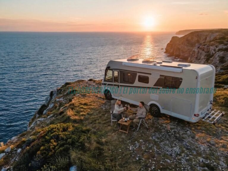 Fotografía panorámica de una autocaravana estacionada frente a una cala de aguas turquesa en la provincia de Alicante, con el Peñón de Ifach de fondo al atardecer.  Alquiler de campers en Alicante. 7 rutas para descubrir la Costa Blanca en 2026 3