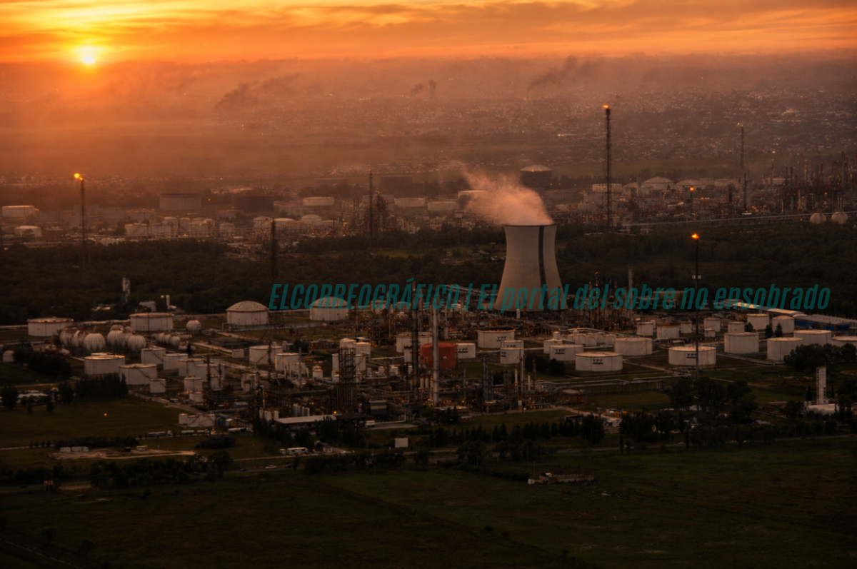 Fotografía panorámica del polo petroquímico de Ensenada-Berisso al amanecer, con neblina industrial sobre el horizonte. Calidad del aire en el polo petroquímico de Ensenada-Berisso Calidad del aire, Urgente pedido de informes revela 10 años de vacío sanitario 9