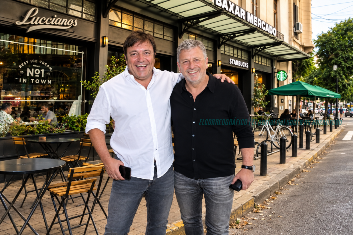 Marcelo Leuzzi y Carlos Leuzzi delante de la fachada de Baxar Mercado, el polo gastronómico del Grupo Apunto en el centro de La Plata Grupo Apunto, los Leuzzi mantiene deuda récord a UTHGRA acosta de sus 1.400 empleados 11