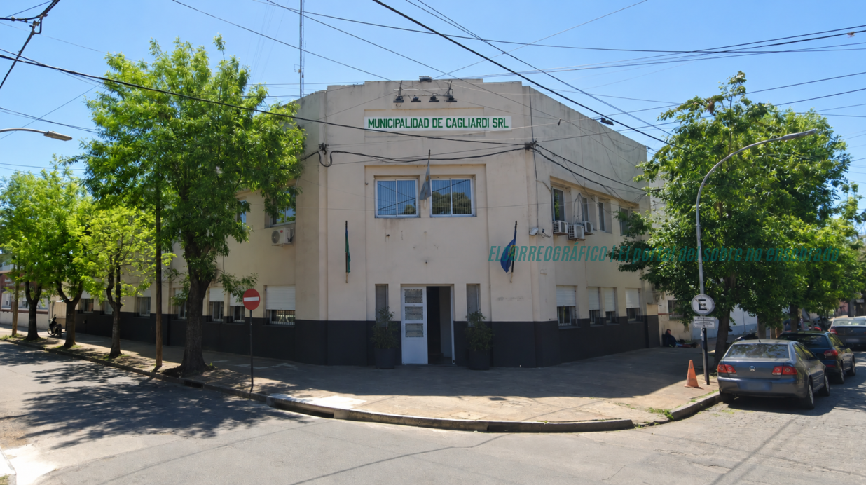 Palacio Municipal de Berisso con la fachada institucional visible, en horario diurno con cartel que nombra "Municipalidad de Cagliardi SRL" Reelección de intendentes en Berisso, Cagliardi enfrenta el límite de la Ley 14.836 a un año de las urnas 2