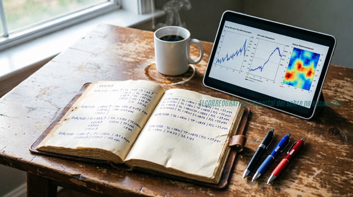 Guía práctica sobre cómo operar el Índice de Volatilidad 100 sin perder dinero 1Vista cenital de un escritorio de madera rústica con un diario de trading abierto mostrando anotaciones manuscritas detalladas de operaciones con pares de divisas, niveles de stop-loss y take-profit. Junto al diario, una tablet muestra gráficos de análisis de volatilidad y un mapa de calor de correlación. Una taza de café humeante y tres bolígrafos completan la escena. Iluminación natural lateral que crea un ambiente de reflexión y aprendizaje.