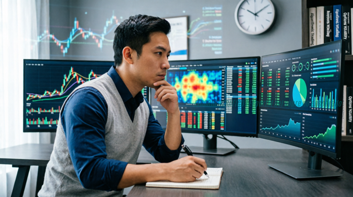 Guía práctica sobre cómo operar el Índice de Volatilidad 100 sin perder dinero 2 Trader concentrado trabajando en un escritorio moderno con tres pantallas que muestran gráficos de trading, indicadores de volatilidad y datos algorítmicos en tiempo real. El trader toma notas en un cuaderno mientras analiza los gráficos. En el fondo se observa un reloj de pared y libros sobre trading algorítmico. Iluminación profesional con tonos azules y verdes en las pantallas, estilo editorial periodístico.
