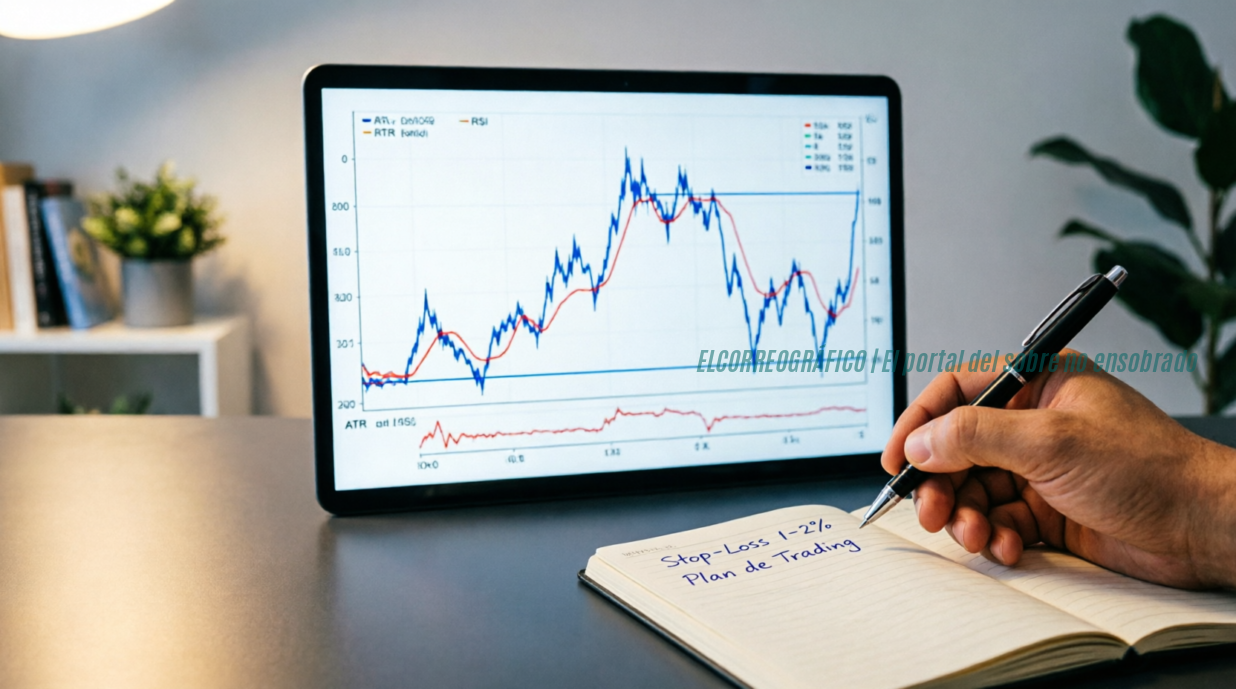 Guía práctica sobre cómo operar el Índice de Volatilidad 100 sin perder dinero 3Primer plano de una mano escribiendo en un cuaderno abierto donde se lee "Stop-Loss 1-2%" y "Plan de Trading". Detrás, una pantalla muestra un gráfico de volatilidad con líneas de soporte y resistencia, indicadores ATR y RSI visibles. La escena transmite disciplina y planificación en el trading, con iluminación cálida y enfocada sobre el escritorio.