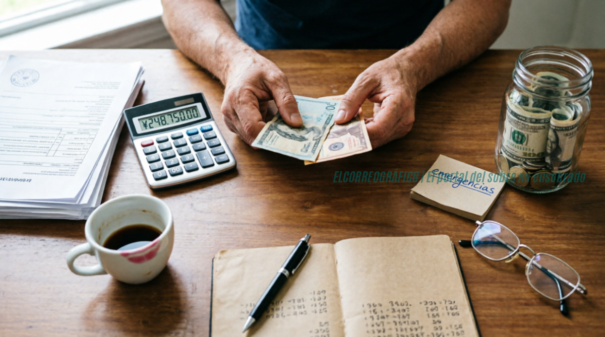 Usar un ingreso extra para liquidar Alvos o conservarlo como fondo de emergencia 1 Manos de una persona sosteniendo billetes sobre un escritorio de madera, con una calculadora que muestra un saldo, documentos financieros apilados, un frasco de vidrio lleno de dinero con una nota que dice "emergencias", una taza de café, lentes de lectura y un cuaderno abierto con números escritos a mano, iluminado por luz natural de una ventana.