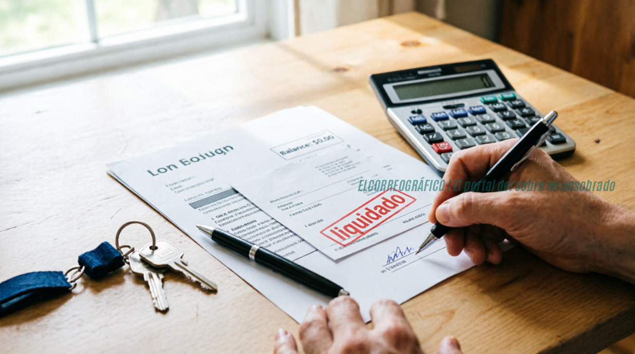 Usar un ingreso extra para liquidar Alvos o conservarlo como fondo de emergencia 2Mano de una persona firmando un documento de liquidación de préstamo con un sello rojo que dice "liquidado" y un balance en cero, acompañado de una calculadora, un juego de llaves de casa y un bolígrafo sobre una mesa de madera junto a una ventana con luz natural.
