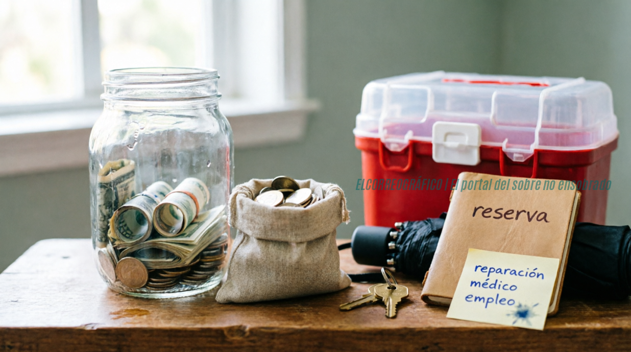 Usar un ingreso extra para liquidar Alvos o conservarlo como fondo de emergencia 3Frasco de vidrio con billetes enrollados y monedas, una bolsa de tela con monedas, un botiquín de primeros auxilios rojo, un paraguas negro plegado, llaves de casa y un cuaderno etiquetado "reserva" con una nota adhesiva que enumera "reparación, médico, empleo", dispuestos sobre una superficie de madera con luz natural de fondo.