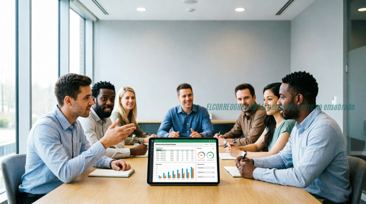 Equipo diverso de recursos humanos y gerentes colaborando alrededor de una mesa en una sala de reuniones moderna, revisando reportes automatizados de gestión laboral digital y nóminas en una tableta, destacando la integración eficiente y transparente de los sistemas.
