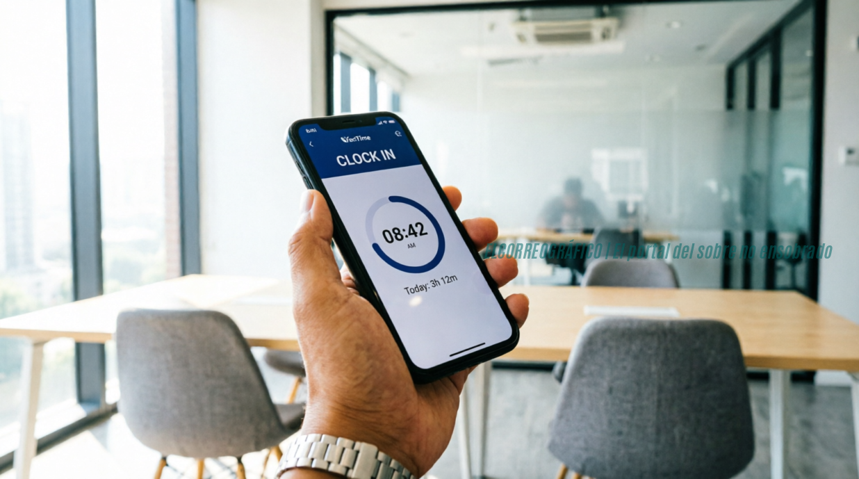 Primer plano de la mano de un empleado utilizando una aplicación móvil en su teléfono inteligente para registrar su fichaje de entrada, ilustrando la digitalización del control de horas de trabajo en un entorno laboral auténtico y desenfocado.