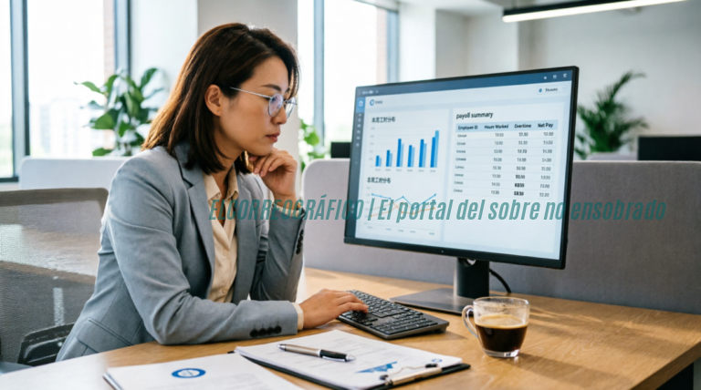 Profesional de recursos humanos revisando en una computadora el control de horas de trabajo y la liquidación de sueldos con un software de nóminas, en una oficina moderna y luminosa que refleja la gestión laboral digital.