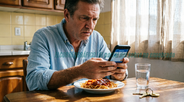 Un hombre de unos cincuenta años sentado a la mesa de su cocina, mirando con preocupación y desconcierto la pantalla de su teléfono celular, que muestra una alerta de transacción inusual de su banco. Sobre la mesa hay un plato de fideos con salsa, un vaso de agua y un juego de llaves. La escena refleja el momento en que una persona descubre que fue víctima de una estafa bancaria mientras almorzaba en su casa.