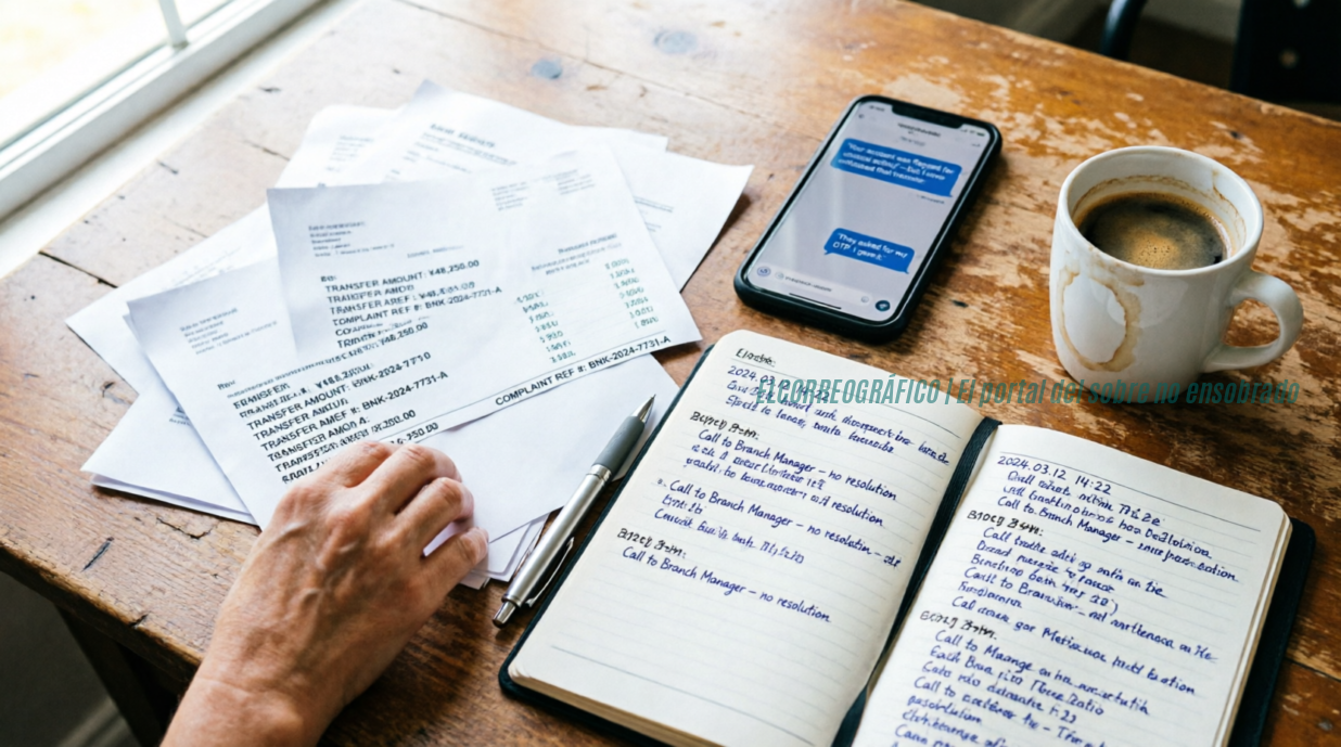 Motos y equipos para el Comando de Patrullas de Berisso Vista cenital de un escritorio de madera donde una mano organiza documentos impresos de transferencias bancarias y comprobantes de reclamo. Junto a los papeles hay un cuaderno abierto con anotaciones manuscritas que registran fechas, horarios y pasos seguidos, un teléfono celular mostrando una conversación de chat y una taza de café. La imagen ilustra el proceso de reunir y conservar la evidencia tras una estafa bancaria.