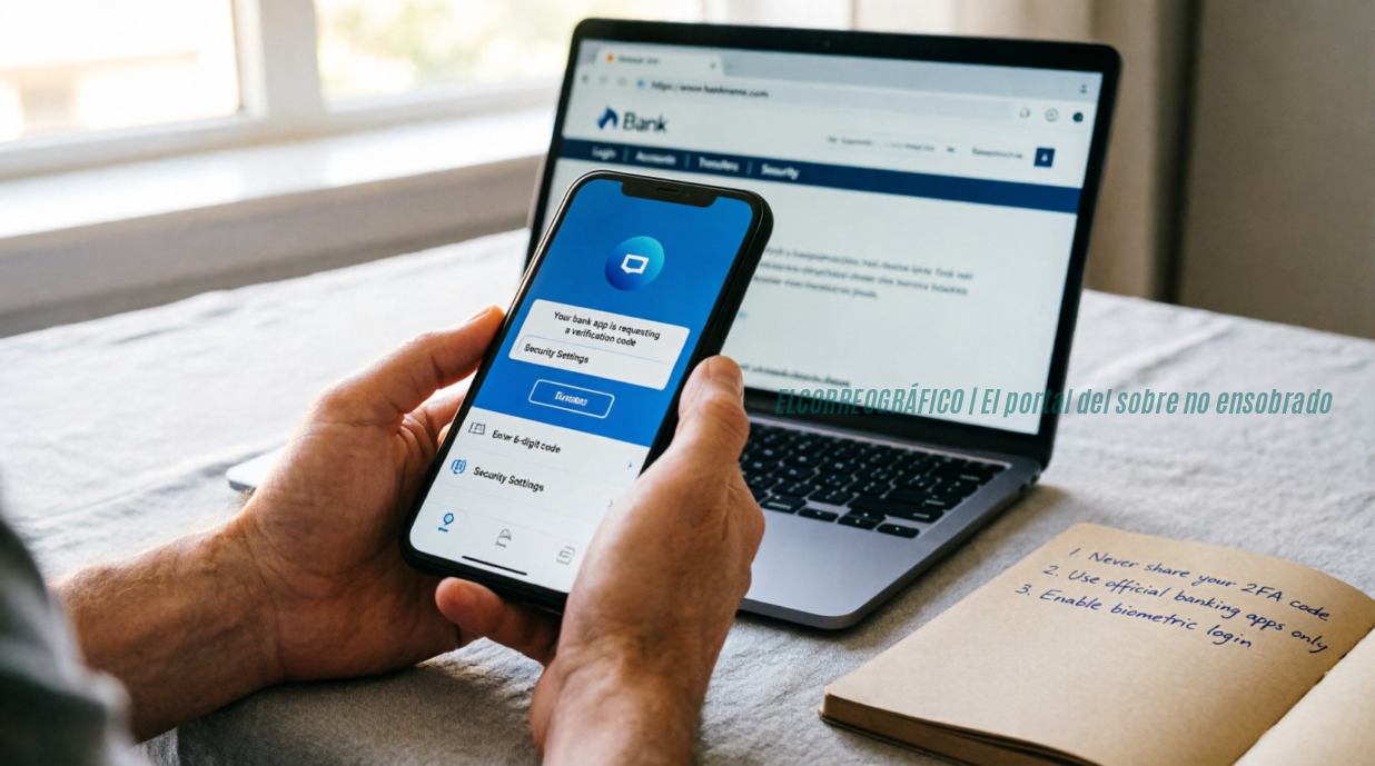 Motos y equipos para el Comando de Patrullas de Berisso Unas manos sostienen un teléfono celular que muestra una pantalla de autenticación de dos factores (2FA) de una aplicación bancaria, pidiendo un código de verificación. Detrás, una computadora portátil abierta muestra el sitio web oficial de un banco. Sobre la mesa hay un cuaderno con recordatorios de seguridad escritos a mano, como no compartir el código 2FA y usar solo aplicaciones oficiales. La imagen representa las medidas de protección digital para resguardar la cuenta bancaria.